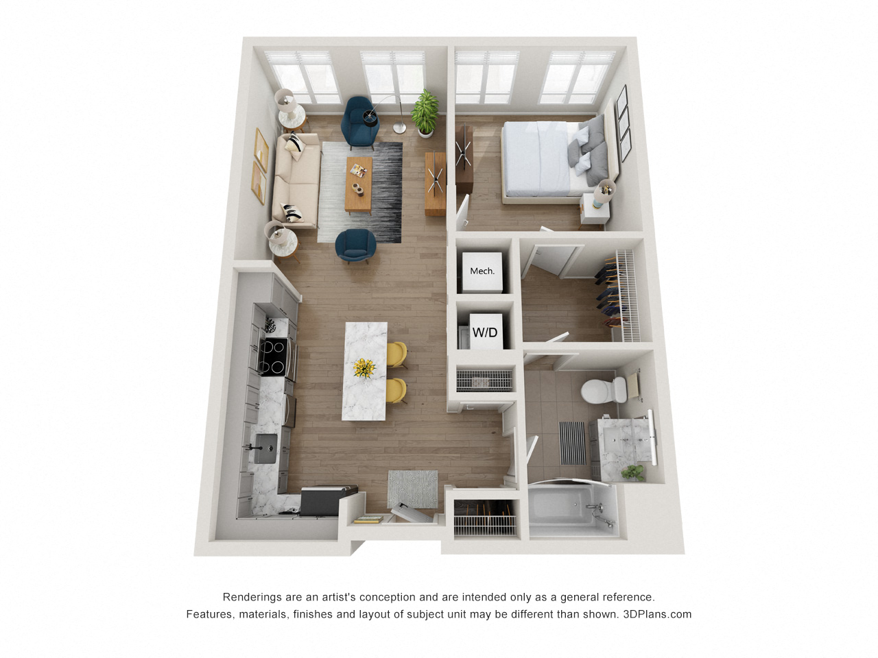 Floor plan for 1 bed, 1 bath, 670 sqft